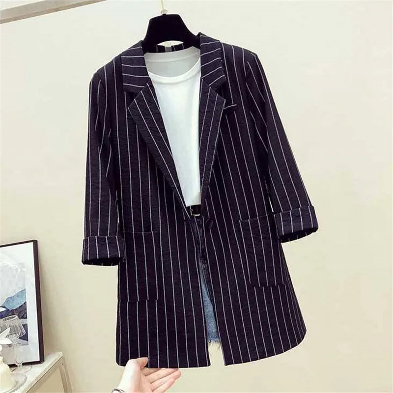 2022 Spring Autumn Women Blazers Notched Collar Stripe Suit Coat Casual Office Female Blazer Slim Outerwear 4XL R935