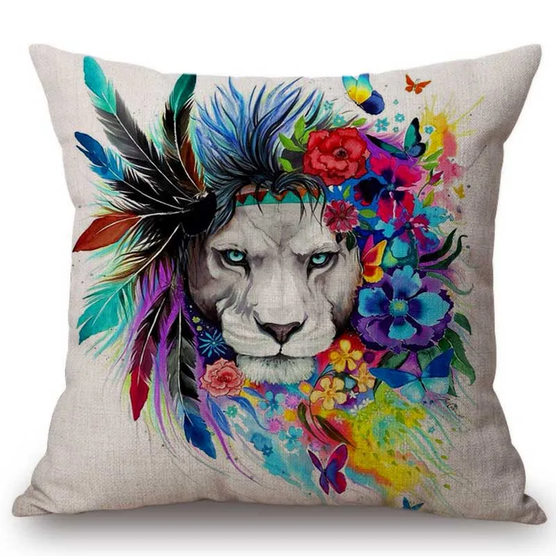 Nordic Animal Lion Home Decorative Throw Pillow For Sofa Watercolor Splatter Art Cotton Linen Square Office Chair Cushion Cover