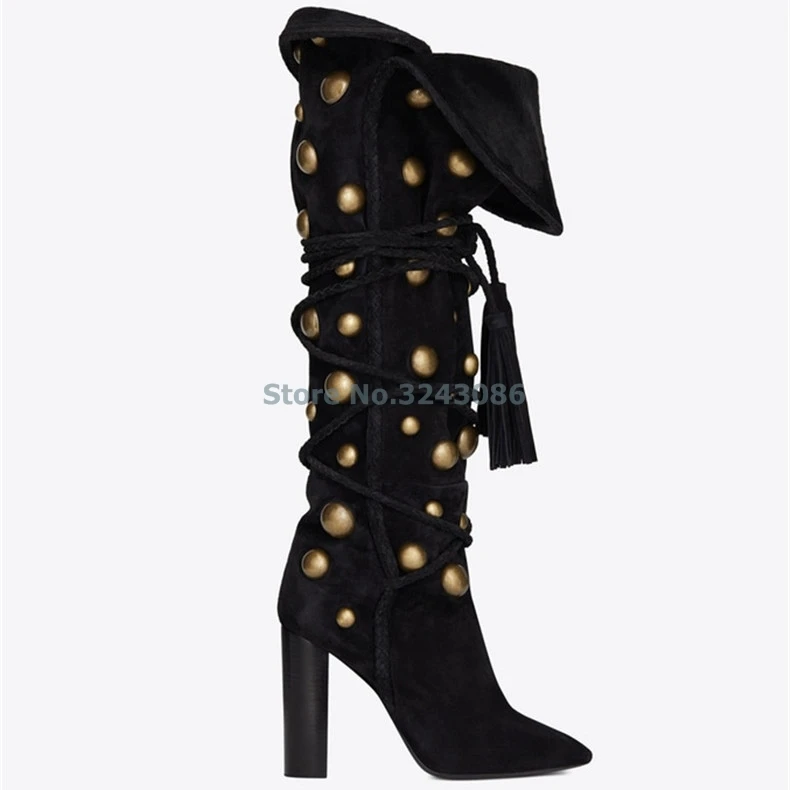 Black Faux Suede Rivet Chunky High Heel Mid Calf Boots Turned Over Edge Pleated Lady Boots Cross Tied Tassel Slip On Boots