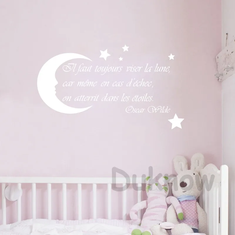 French Nursery Wall Art Decals Moon Stars Quote Decor , Oscar Wilde Saying Vinyl Wall Sticker France Home Kids Room Decoration