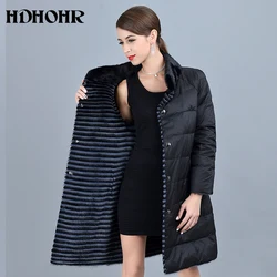 HDHOHR 2024 New Women's Real Mink Fur Coat With Down Double Side Wear Jacket Warm  Genuine Leather Strip Long  Jackes For Female