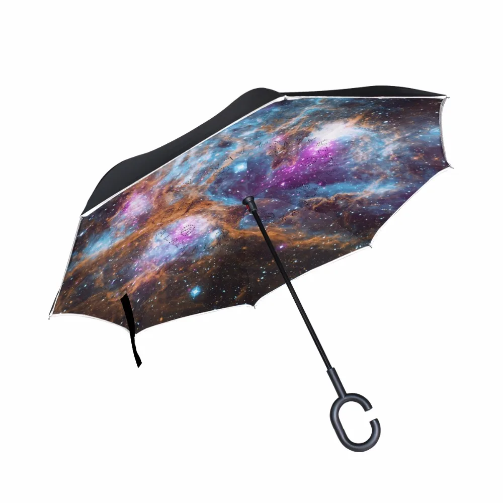 

Galaxy Reverse Umbrella Automatic Double Layer Printing Inverted Windproof C-Hook Hands Rain Car Large Umbrellas For Men/Women