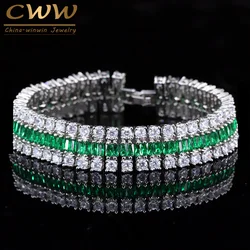 CWWZircons High Quality Silver Color Round And Square CZ Green Crystal Big Bangles Bracelet For Women Holiday Gift Jewelry CB143