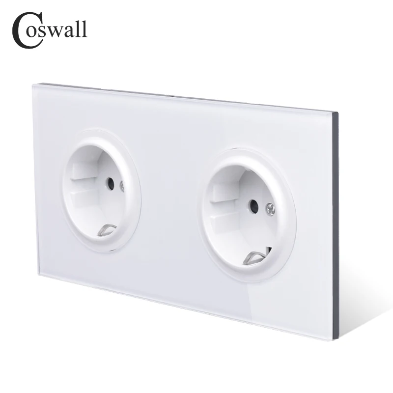 Coswall Crystal Tempered Pure Glass Panel 16A Double EU Standard Wall Power Socket Outlet Grounded With Child Protective Lock