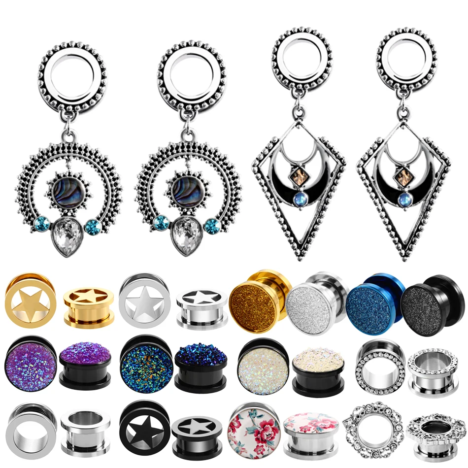 2pcs/lot Steel Gem Ear Plug Tunnel Piercing Screw Fit Expansion Ear Stretcher Fesh Tunnel Gauges Body Piercing Jewelry 6mm-16mm