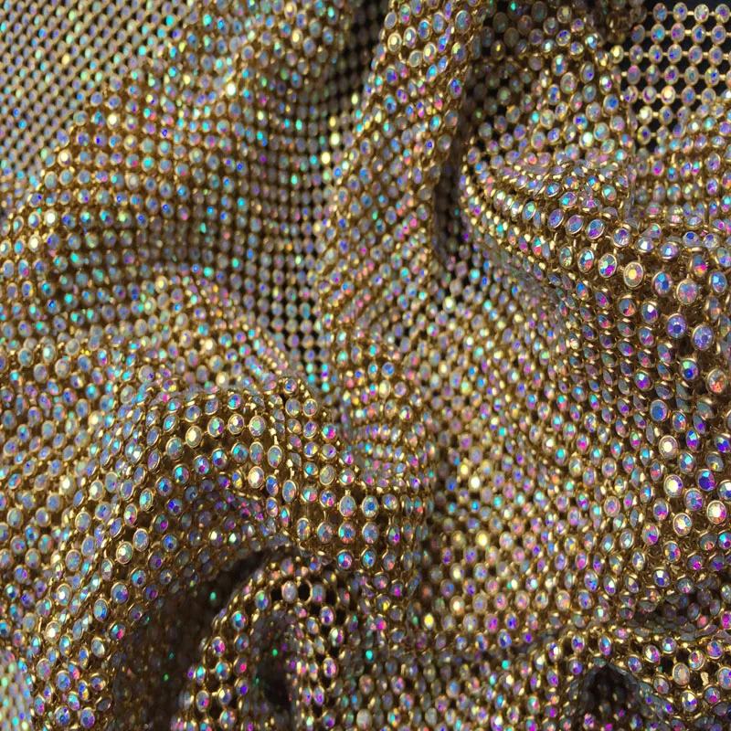 ZY  Chunky Glitter AB Rhinestones GOLD Metal Mesh Fabric Metallic cloth Metal Sequin Sequined Fabric Home Decoration Curtain