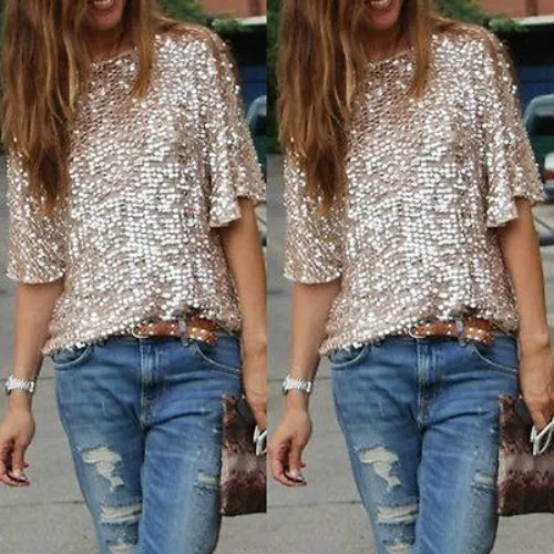 2018 New Fashion Hot Sexy Women Lady Sequined Bling Shiny Short Sleeve Casual Loose Shirt Off Shoulder T-shirt