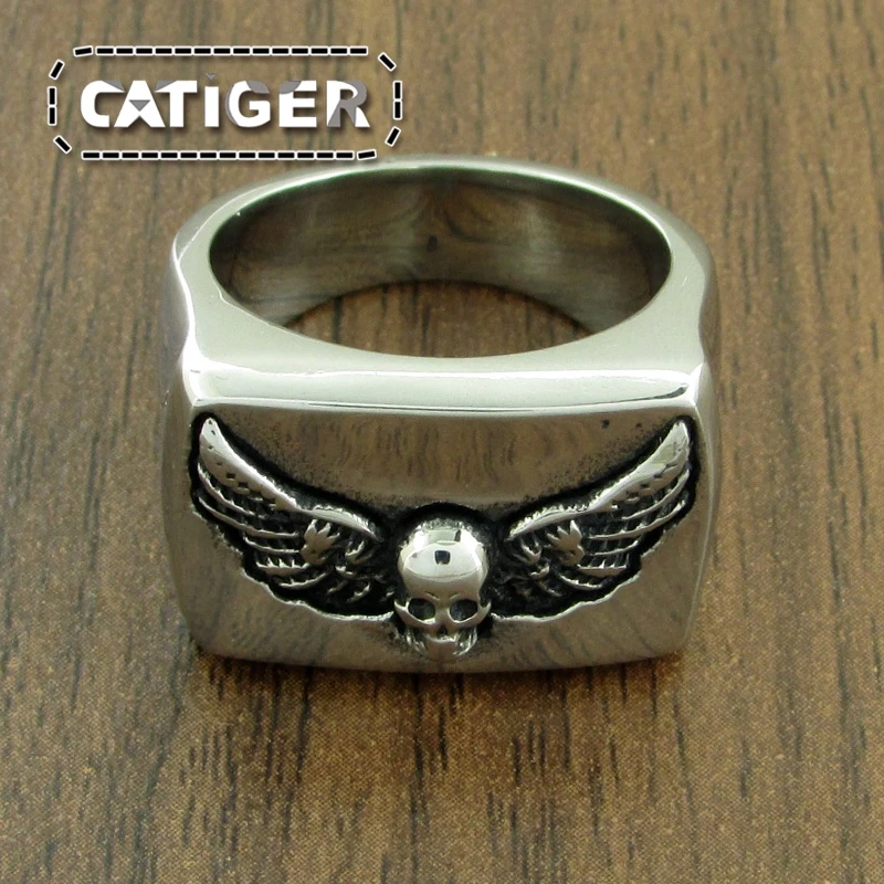 Punk 316L Stainless Steel Feather Skeleton Rings Cool Silver Color Black High Polishing Wings Skull Ring Jewelry
