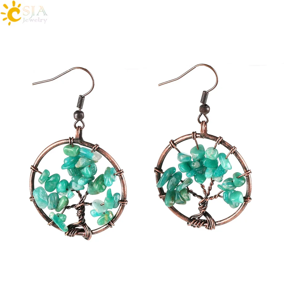 CSJA Wholesale Dangle Earrings for Women Round Tree of Life Ear Drop Natural Chip Stone Bead Reiki 7 Chakra Healing Jewelry E529