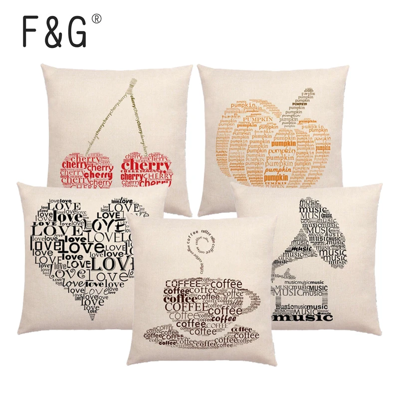 English Letters Word Cushion Cover Apple Banana Cherry Fruit Music Decoration Printed Linseed Cotton Car Sofa Throw Pillow Case