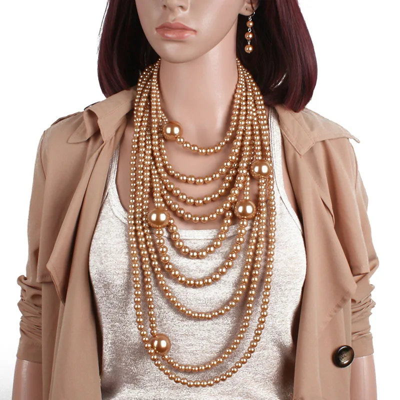 Fashion Brown White Multilayer Imitation Pearls Necklace Earrings Jewelry Sets Women Indian Statement Maxi Long Collar Necklace