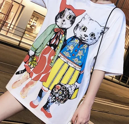 Cat Printed Casual Boyfriend Style Loose Top T-Shirt 2022 Women Summer Cotton White Large  Short Sleeve Long Tops