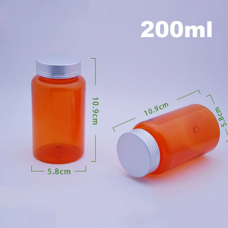 100pcs 200ml Orange Color PET Medicine Bottles,Capsules/Pills/Powder/Vitamin Plastic Bottles with Silver Colors Screw Metal Caps