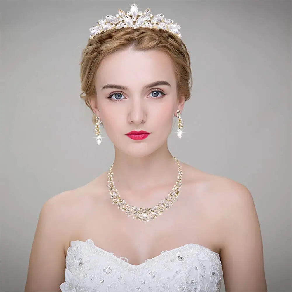 Fashion Delicate Crystal Rhinestone Jewelry Sets With Crowns Bridal Wedding And Party Dress Necklace  For Birdesmaid Women Gift