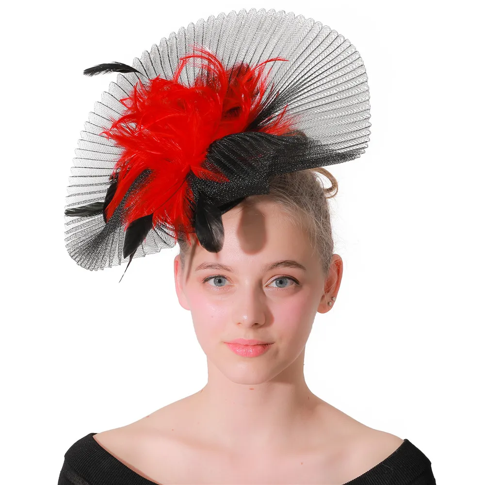 Kenducky Derby Headpiece For Party Chapeau Wedding Women Red And Black Fascinators Ladies Bridal Mesh Headwear With Headbands