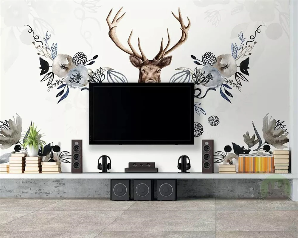 Custom wallpaper Nordic Simple Retro Rural Elk Hand-painted Flower TV Sofa Background Walls Decoration 3d wallpaper