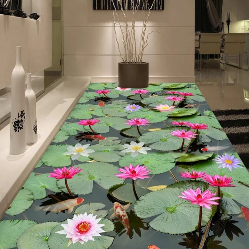 Kitchen Bathroom PVC Self Adhesive Waterproof Floor Murals Wallpaper Chinese Style Lotus Leaf Carp 3D Floor Tile Papel De Parede