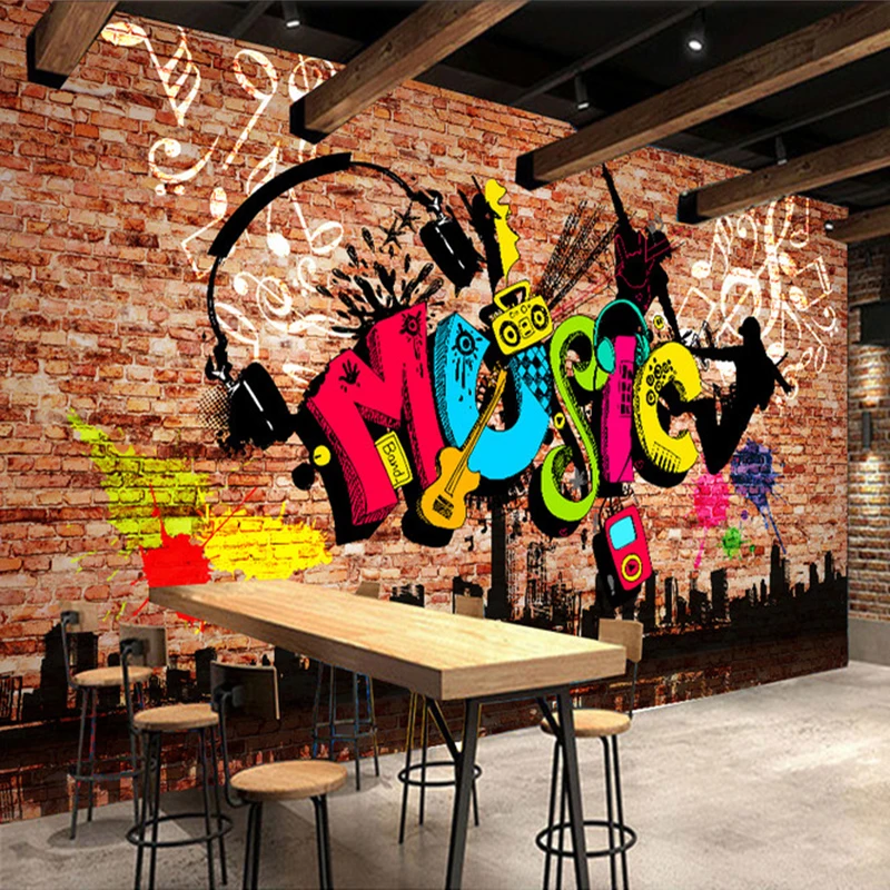 

Custom 3D Murals Wallpaper City Music Art Graffiti Brick Wall Large Wall Painting Poster Bar Restaurant Home Decor Living Room