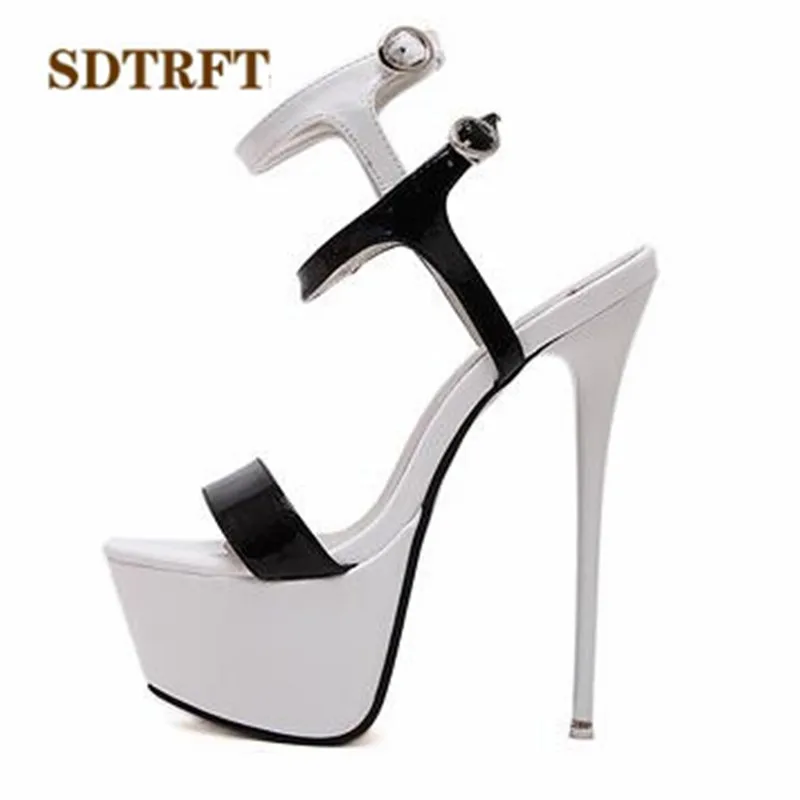 SDTRFT SUMMER sandals ultra high thin heels open toe 16cm sexy shoes woman banquet Ankle strap red black Patent Leather Pumps