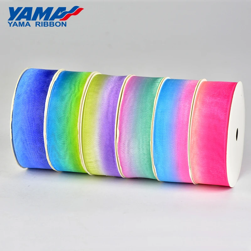 YAMA-Organza Ribbon for Crafts, Gradient Rainbow Color Printed Ribbon, Wedding Party Gift, DIY Decoration, 200Yards/Roll, 25mm