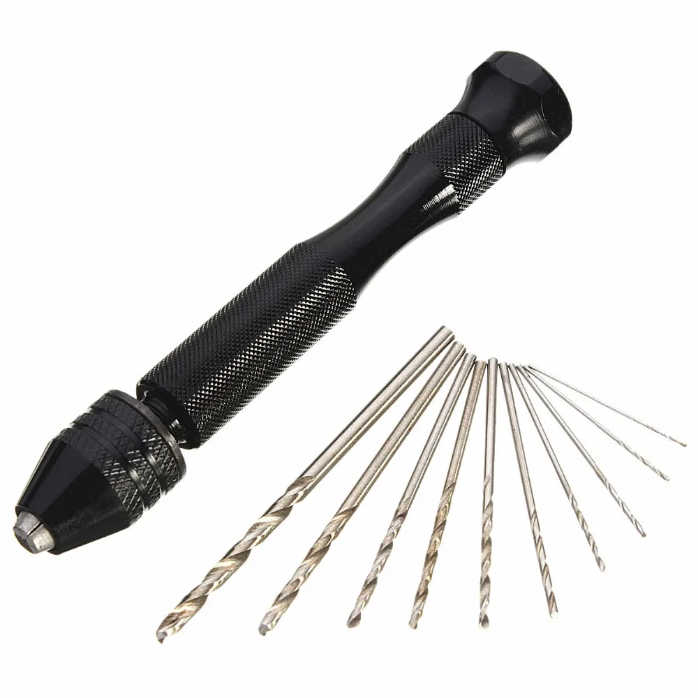 HOEN Mini Micro Aluminum Hand Drill With Keyless Chuck +10 x High Speed Steel Twist Drills Rotary Tools Wood Drilling