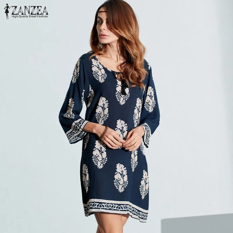 ZANZEA Women Sexy Mini Print Dress 2023 Elegant Retro 3/4 Sleeve Lace Up Long Tops Casual Loose Beach Dresses Vestidos