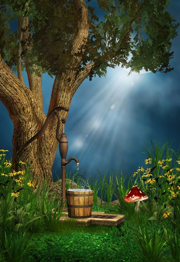 Laeacco Dreamy Moonlight Tree Well Bucket Mushroom Photography Backgrounds Customized Photography Backdrops For Photo Studio