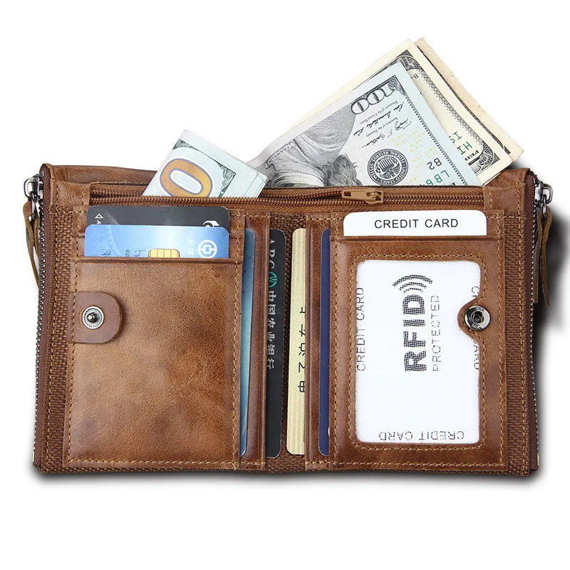 2019 Vintage Genuine Cow Leather Men Wallet ID Card Holder Coin Purse Male Wallets Double Zipper Small Mam Mini Purse Carteira