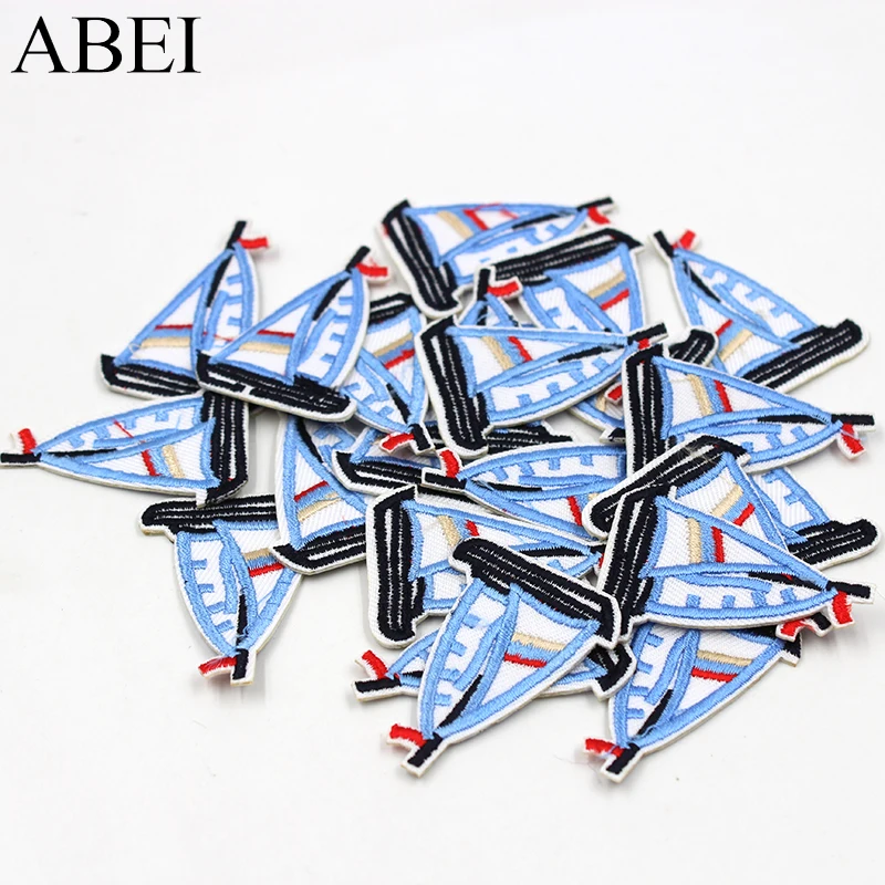 10pcs/lot Cartoon Blue Sailboat Patches Embroidered iron-on Appliqued Kids Apparel Bags Shoes Stickers DIY Patchwork Material