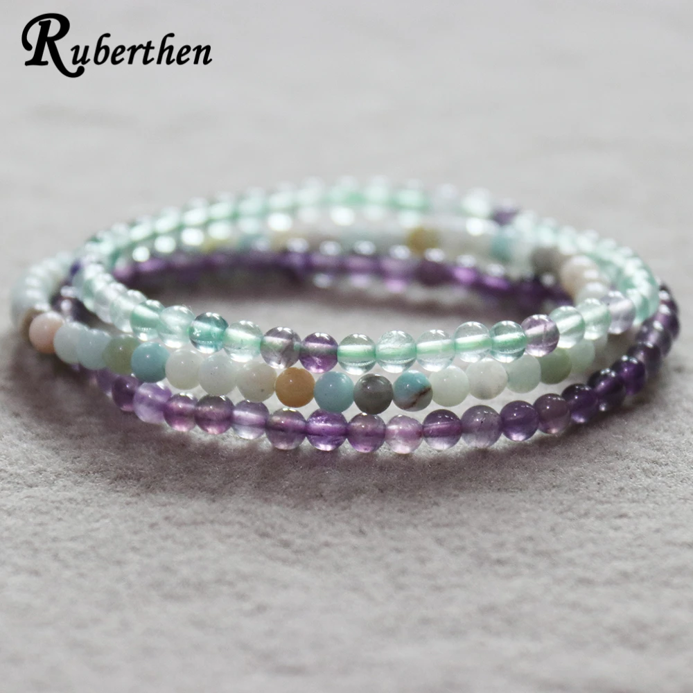 Ruberthen New Design Amethyst Bracelet Natural Amazonite Women`s Bracelet Fluorite Mini Gemstone Energy Bracelet Set
