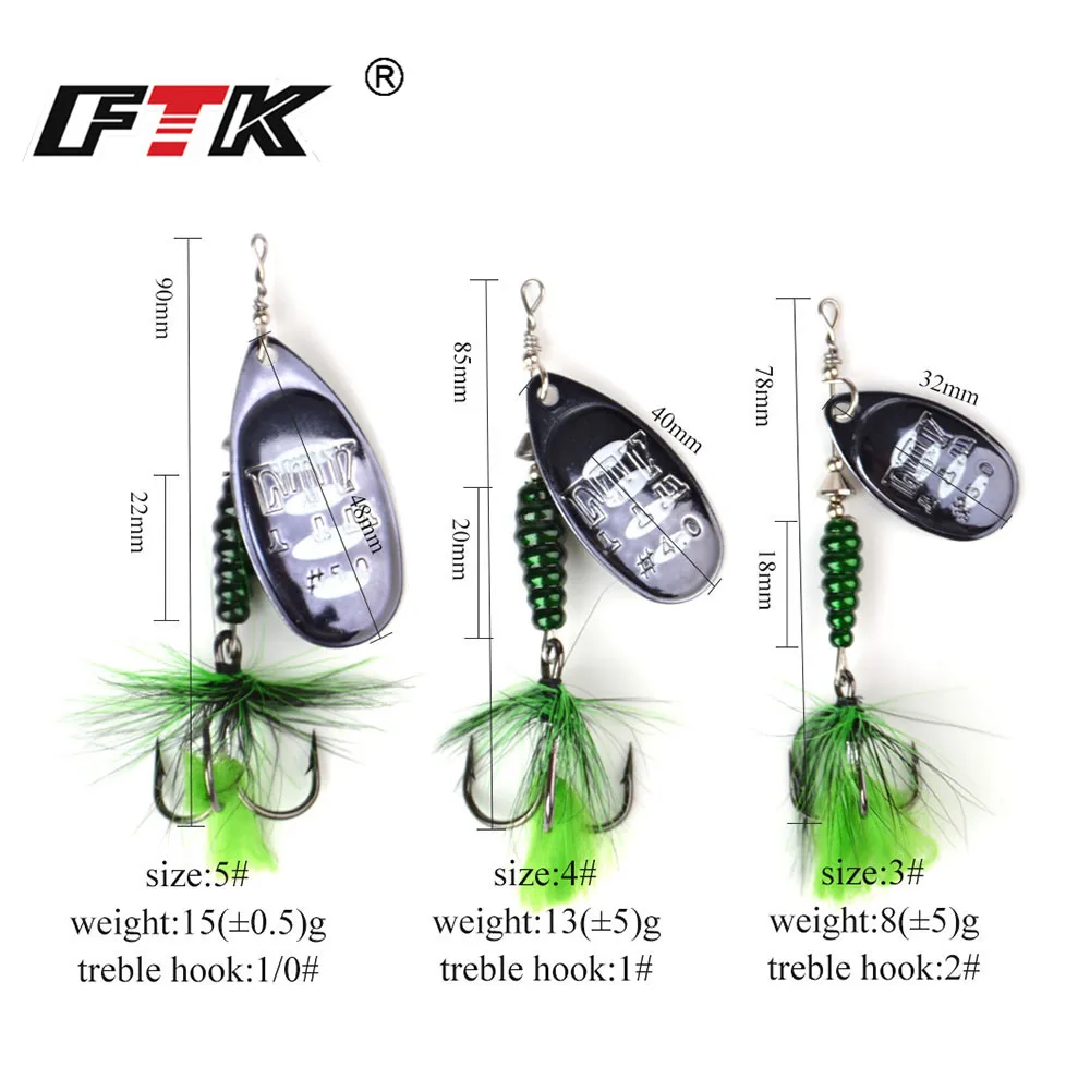 FTK Fishing Lure Spinner Bait 10 Colors Size 3# 4# 5# Weight 8g 13g 15g bass bait With Feather Treble Hooks Wobblers Tackle