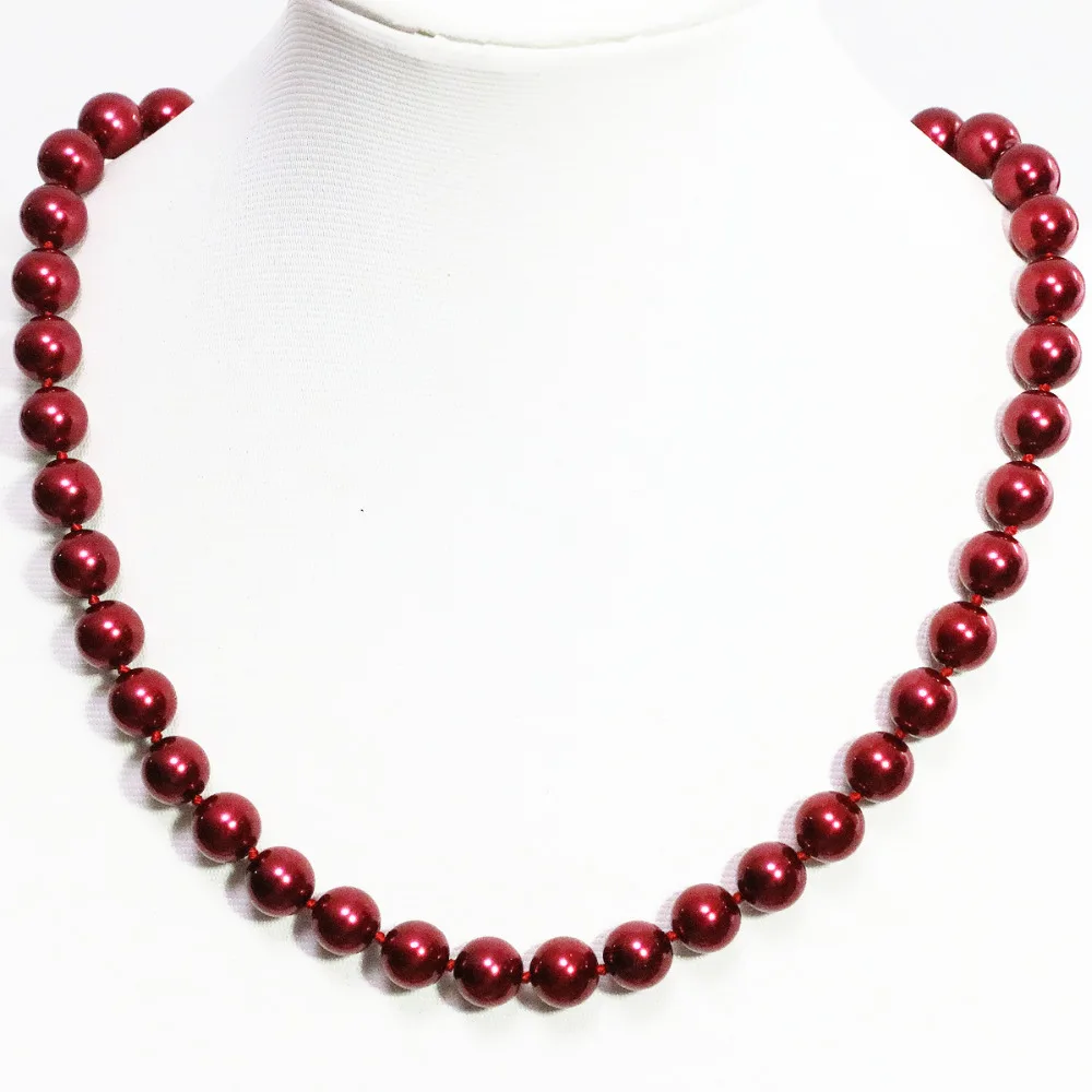 Charms dark red shell simulated-pearl beauty round beads 8,10,12,14mm chain necklace women jewelry B1481