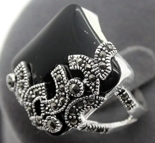 fashion design Square 925 Sterling Silver 22*20mmNatural Black Natural Stone Gems Marcasite Ring Size 7/8/9/10