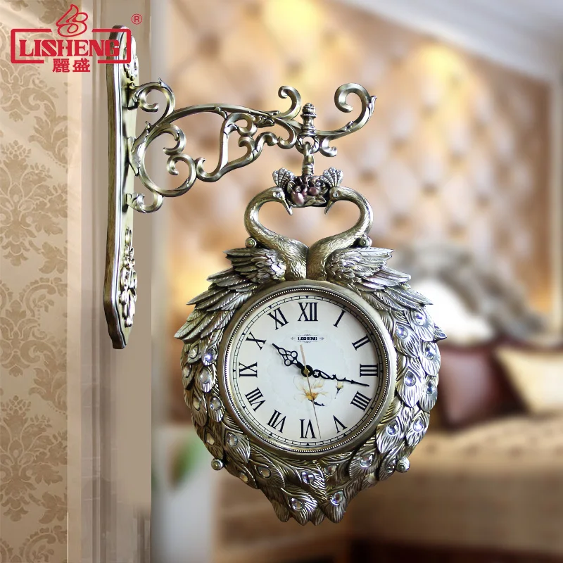 Peacock Double-sided Clock Living Room Corridor Double-sided Wall Clock Mute European Art Villa Creative Fashion Wall Clocks