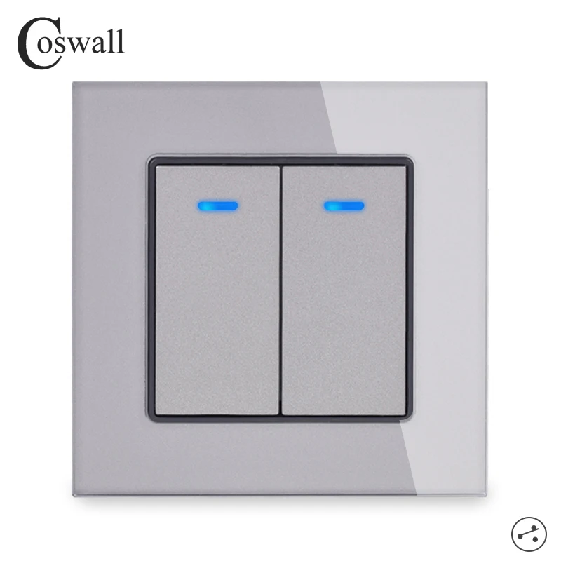 Coswall Crystal Glass Panel 2 Gang 2 Way Pass Through On / Off Light Switch Stair Wall Switch Switched With LED Indicator 16A