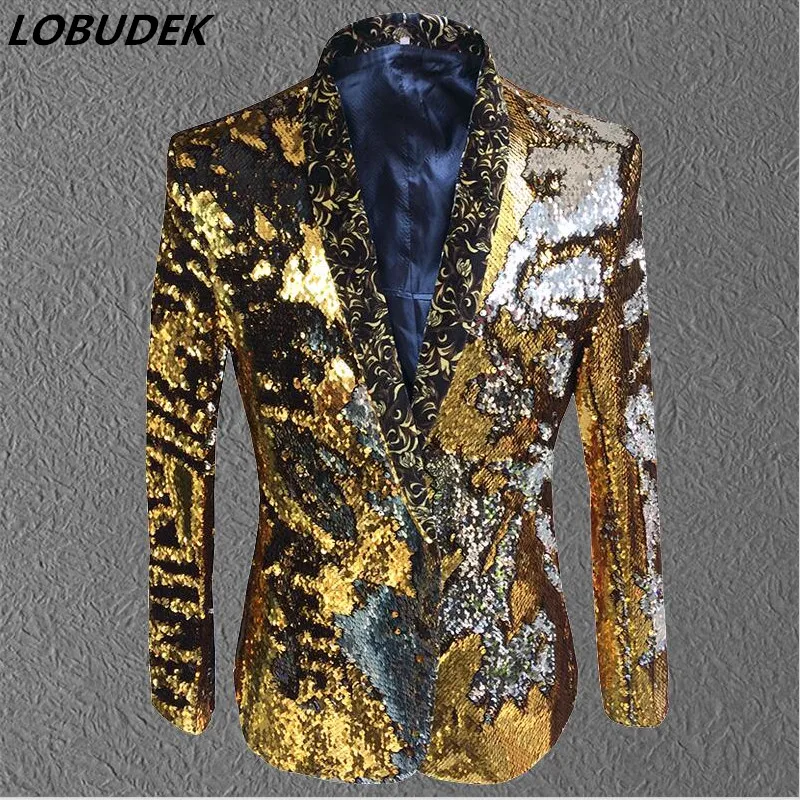 

Glitter Gold Sequins Suit Jackets Men Singer Stage Performance Formal Blazers Show Nightclub Party Fashion Tuxedo Costume