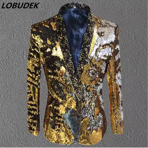 Glitter Gold Sequins Suit Jackets Men Singer Stage Performance Formal Blazers Show Nightclub Party Fashion Tuxedo Costume