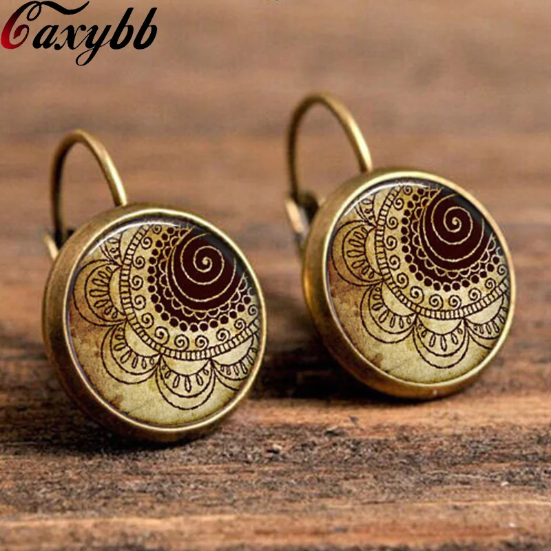 fashion dome glass cabochon earrings handmade jewelry vintage henna yoga mandala flower earring om symbol zen buddhism c-e258