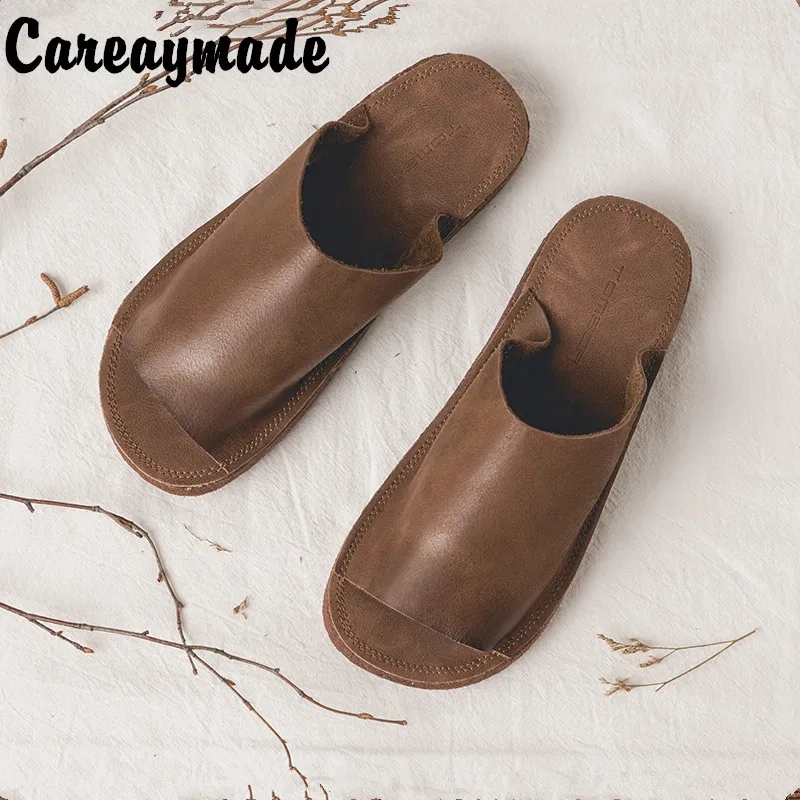 Careaymade-Summer pure handmade shoes,Art all-match genuine leather simple casual flat sandals,Women sandy beach sandals