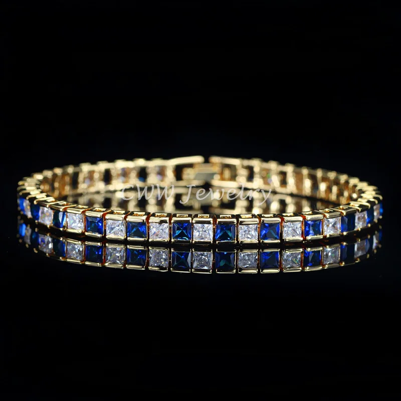 CWWZircons Exclusive Yellow Gold Color Square Cut Fashion Women Jewelry Cubic Zirconia Crystal Tennis Bracelet for Party CB190