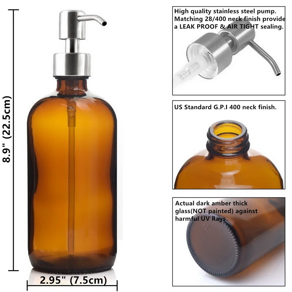 4pcs 500ml Amber Glass Pump Bottle with Black Stainless Steel Lotion for Bathroom Essential Oils Shampoo Liquid Soap Dispenser