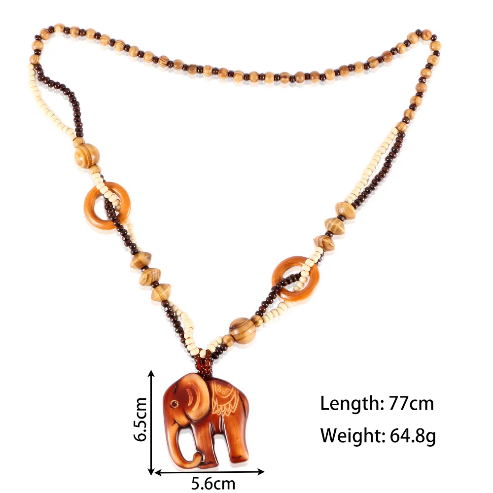 Women 1 PC Bohemia Necklace Jewelry Ethnic Style Long Hand Made Bead Wood Elephant Pendant Necklace Jewelry