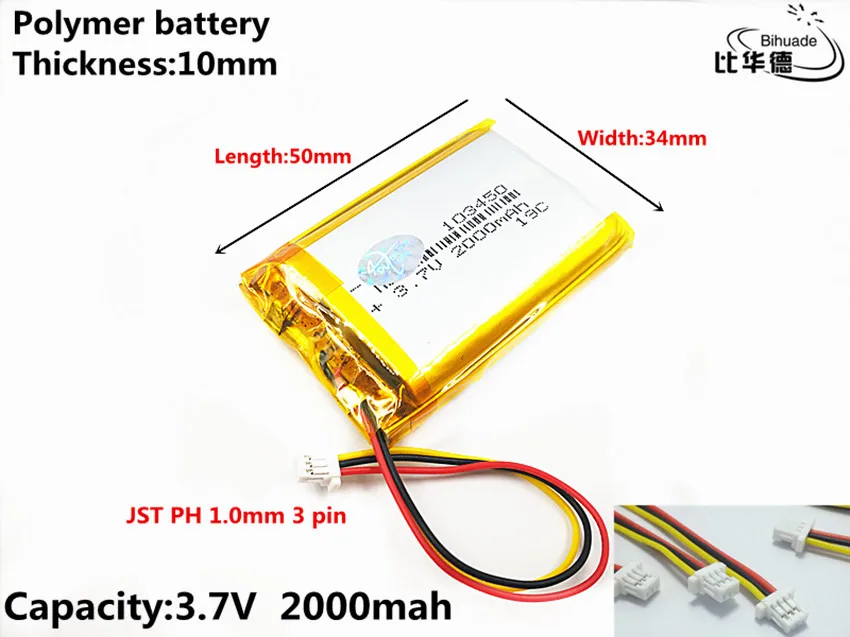 JST PH 1.0mm 3 pin Good Qulity 3.7V,2000mAH 103450 Polymer lithium ion / Li-ion battery for tablet pc BANK,GPS,mp3,mp4