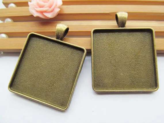 50pcs Antique Bronze/Antique Silver tone Base Setting Tray Bezel Pendant Charm/Finding,fit 30mm Square Cabochon/Cameo,DIY