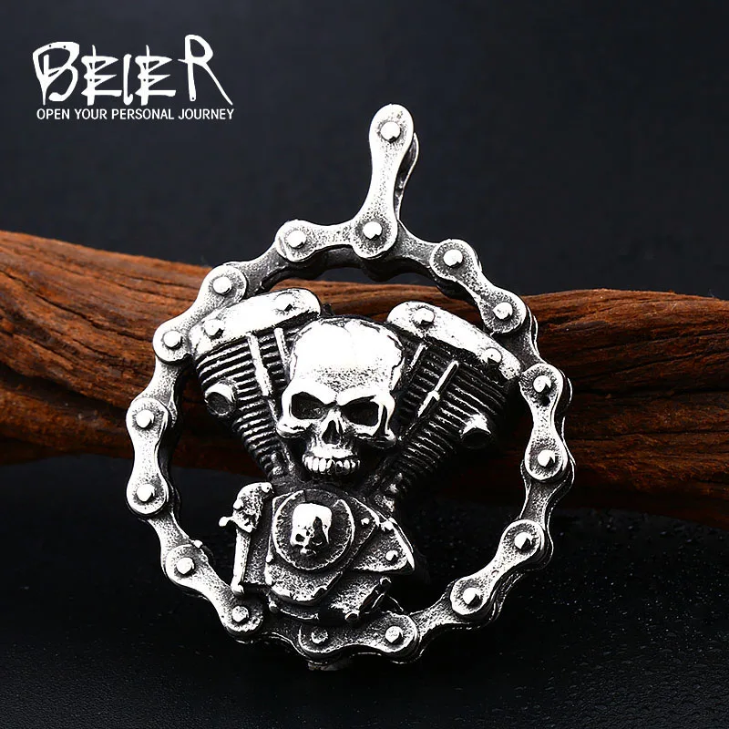 Beier New Store Stainless Steel Vintage Skull Pendant Fashion Motorcycle Chain Men\'s High Quality Gift LLBP8-348P