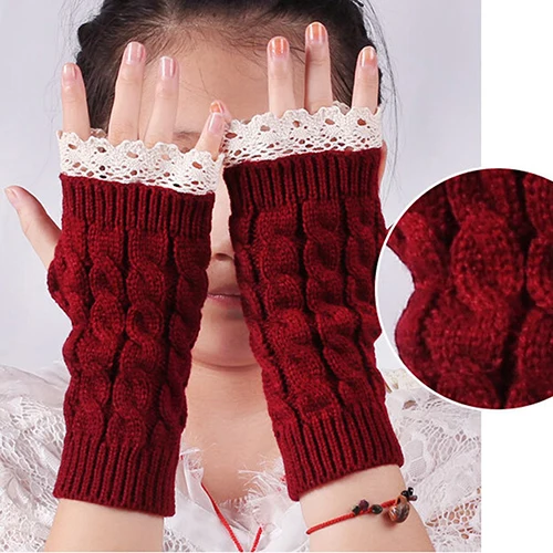 Lace Patchwork Women Knitting Embroidered Gloves Student Autumn Winter ColdproofFashion Warm Soild Fingerless Glove