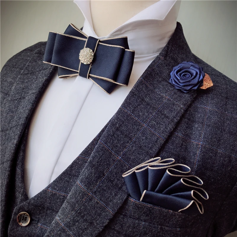 

New female male men's man collar Korean Double-layered shirt accessory groom bow tie brooch pocket towel 3 pcs set dress wedding