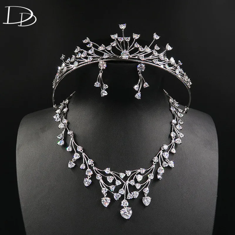 DODO Promise All Heart AAA Zircon Tiara Necklace Earrings Wedding Jewelry Sets Environmental Copper Silver Color Bijoux D15357