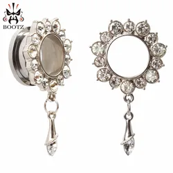KUBOOZ Most Popular Stainless Steel Flower Crystal Pendant Ear Tunnels Gauges Piercing Body Jewelry Fashion Ear Plugs Expanders