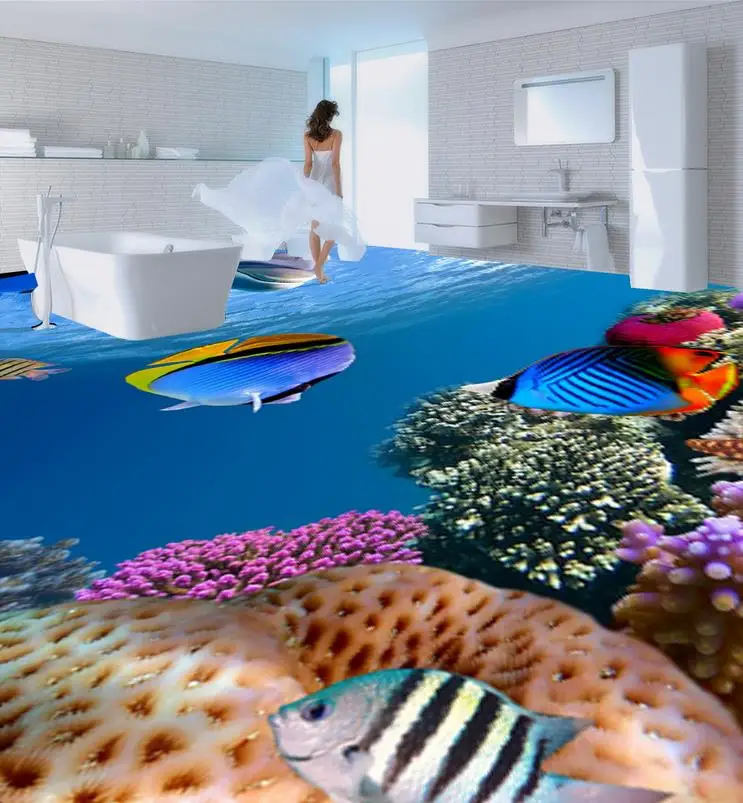 

3D wallpaper floor for living room ocean fish PVC waterproof floor 3D room wallpaper floor Home Decoration